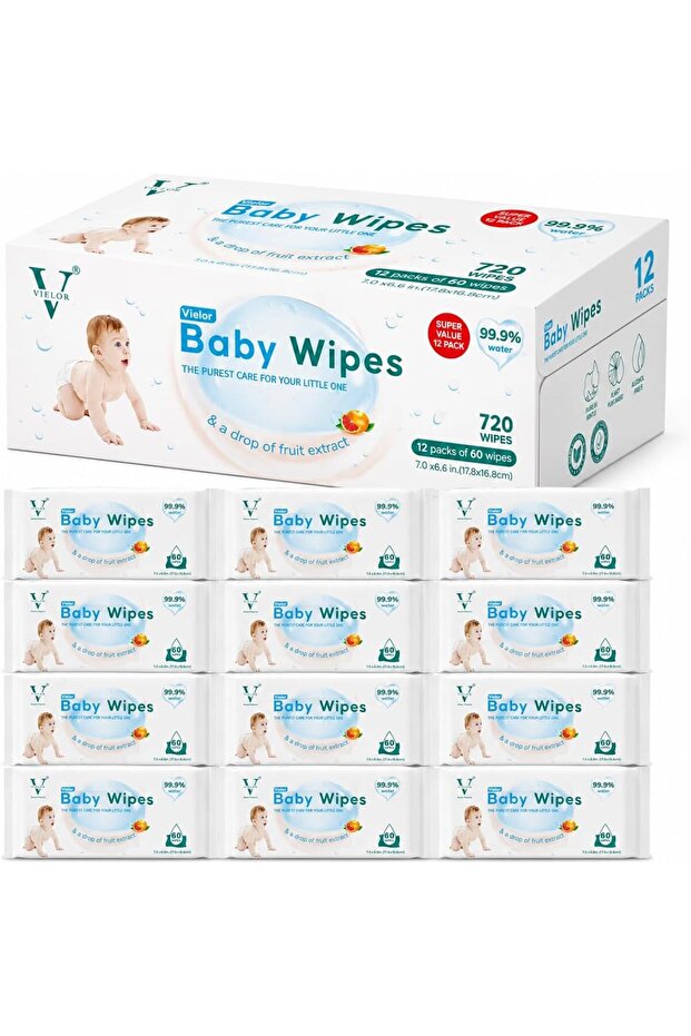 Pure Water Baby Wipes, Fragrance Free (Pack of 12 720 wipes)