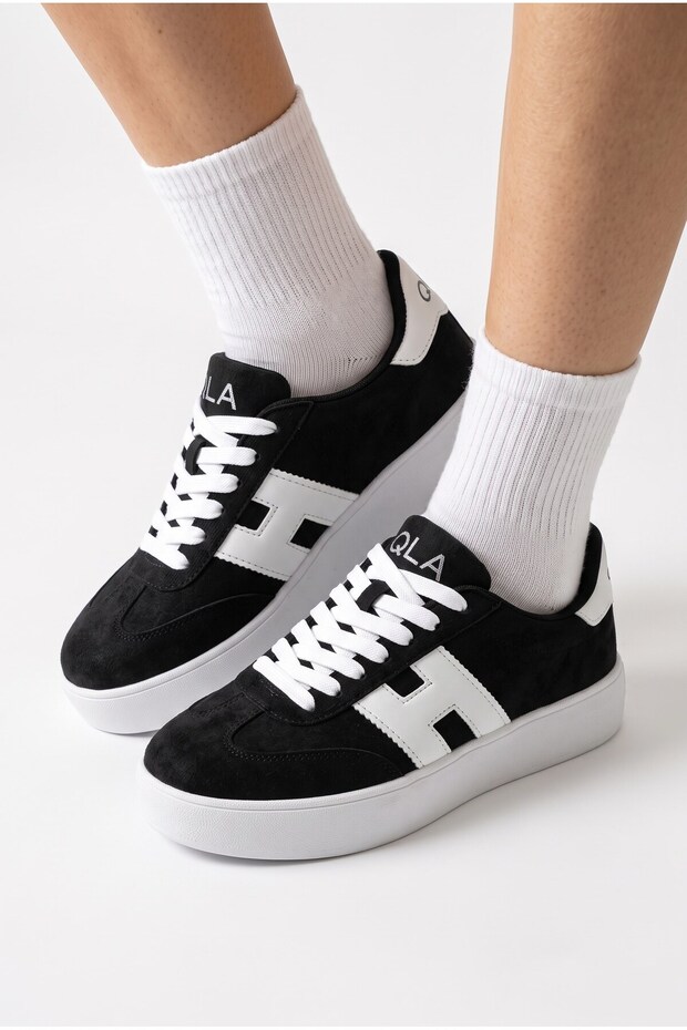 Women's Black-White Lace-Up Thick High Sole Casual Sneaker Sports Shoes Terra