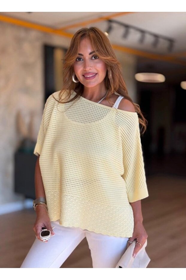 Women's boat neck short sleeve openwork knit sweater