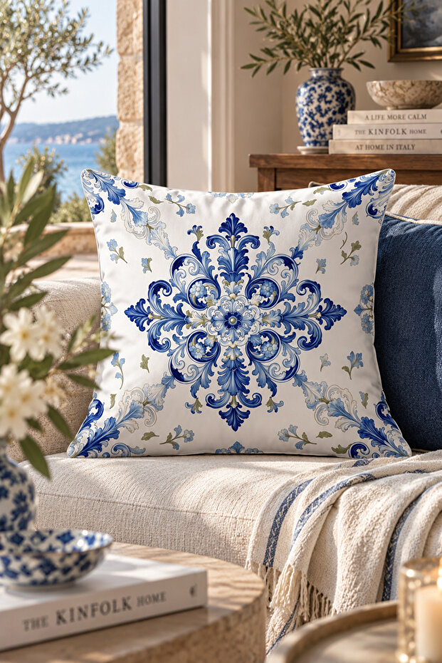 Villa Azzurra Flower Pattern Navy Blue White Beige 1 Piece Throw Pillow Cover Double Side Throw Pillow Case Digital Printing