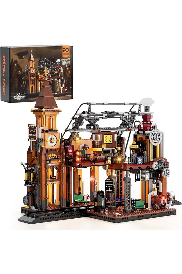 Railway Station Building Blocks Set, 1917 Pieces, with Led Lighting, Modular Model