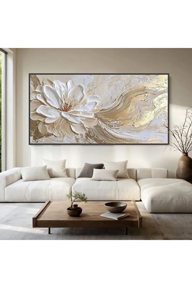 3D White Flower Canvas Print Gold Leaf Textured Wall Art, Large Abstract Floral Canvas, Modern Neutral Wall Decor for Bedroom Living Room 60x120