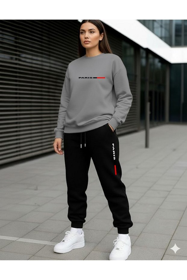 Zero Collar Sweat Suit 2-Piece Combination Winter Thin Paris Printed Women's / Men's Unisex Model