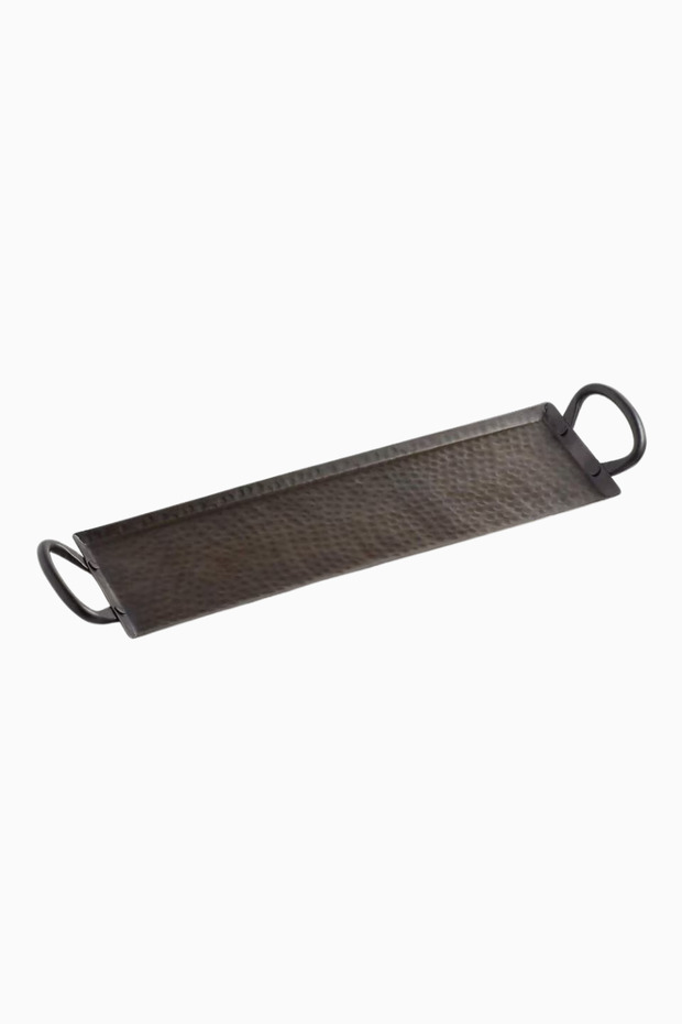 Feast Rectangular Hammered Iron Serving Tray, Handmade with Handle Detail - Brown