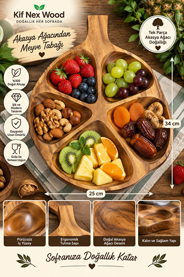 One-Piece Acacia Wood 5-Compartment Fruit & Snack Serving Plate – 34 × 25 cm