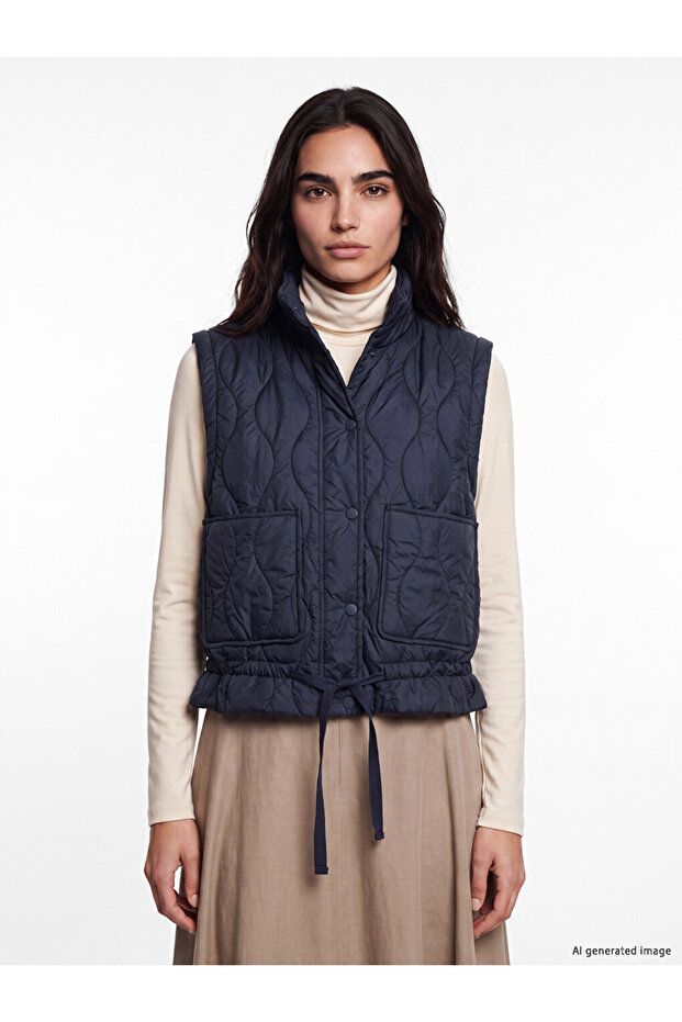Lcw Vision Navy Blue Stand Collar Quilted Women's Puffer Vest