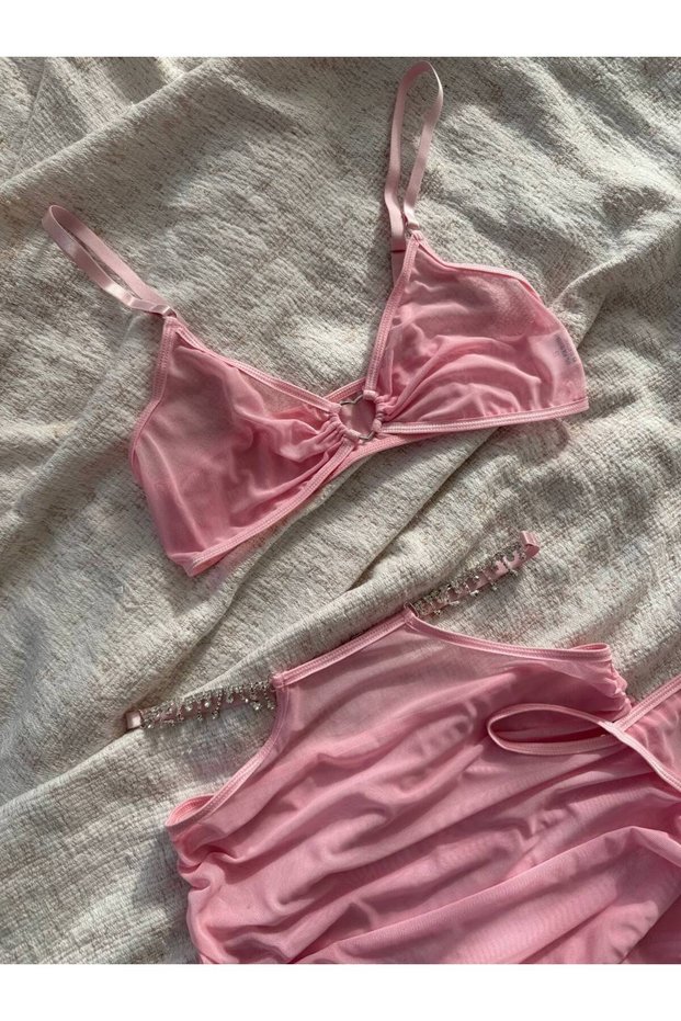 Transparent Chain Detail Tulle Pink Lingerie Set