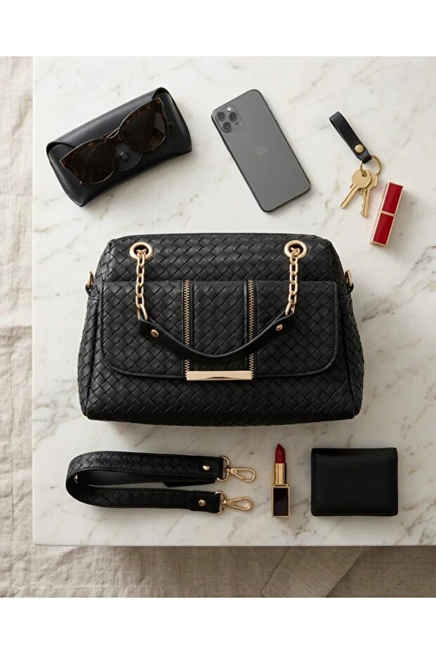 Matte Black Knitted Patterned Women's Bag with Gold Detail and Cross Strap -