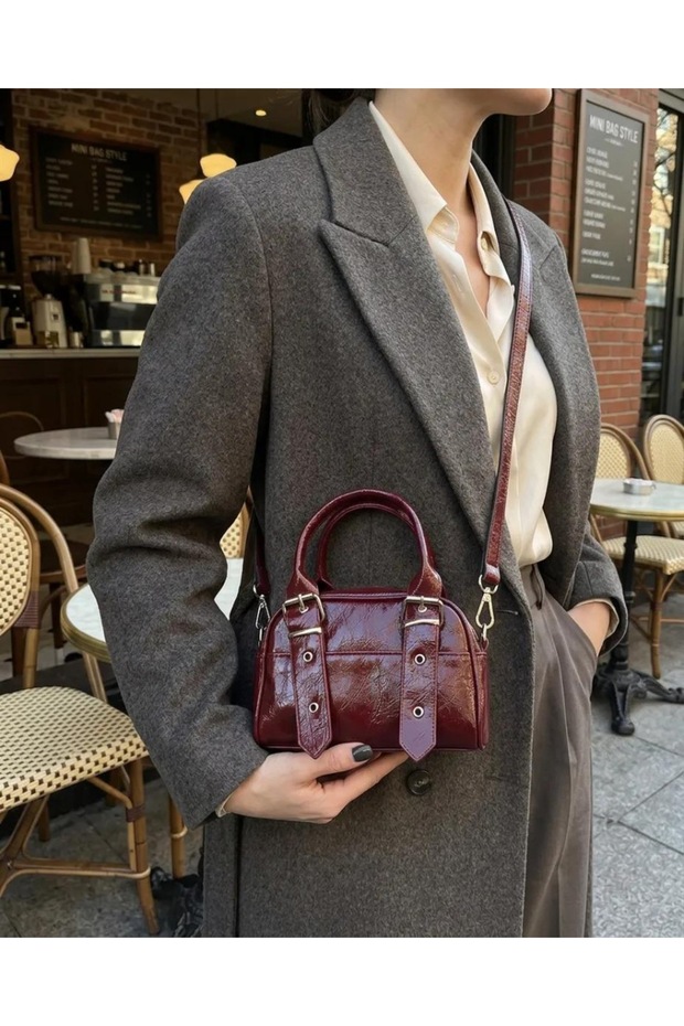 Mini Claret Red Shiny Patent Leather Look Women's Handbag with Crossbody Strap -