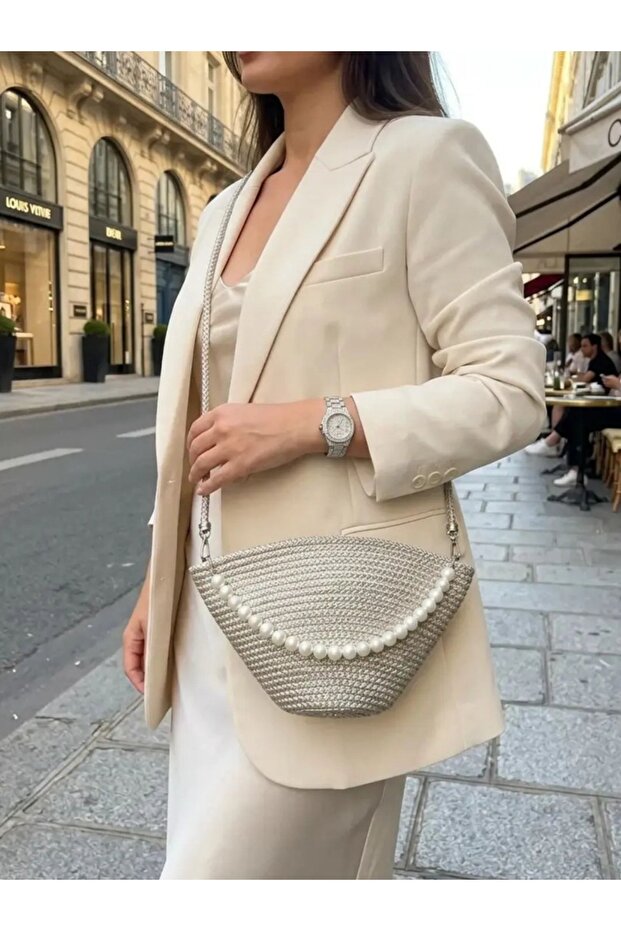 Pearl Detailed Knitted Women's Shoulder Bag Beige -