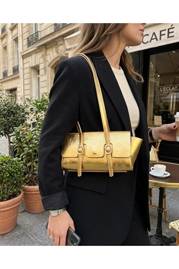 Shiny Gold Mini Shoulder Bag Soft Leather Look Zippered Women's Hand and Shoulder Bag