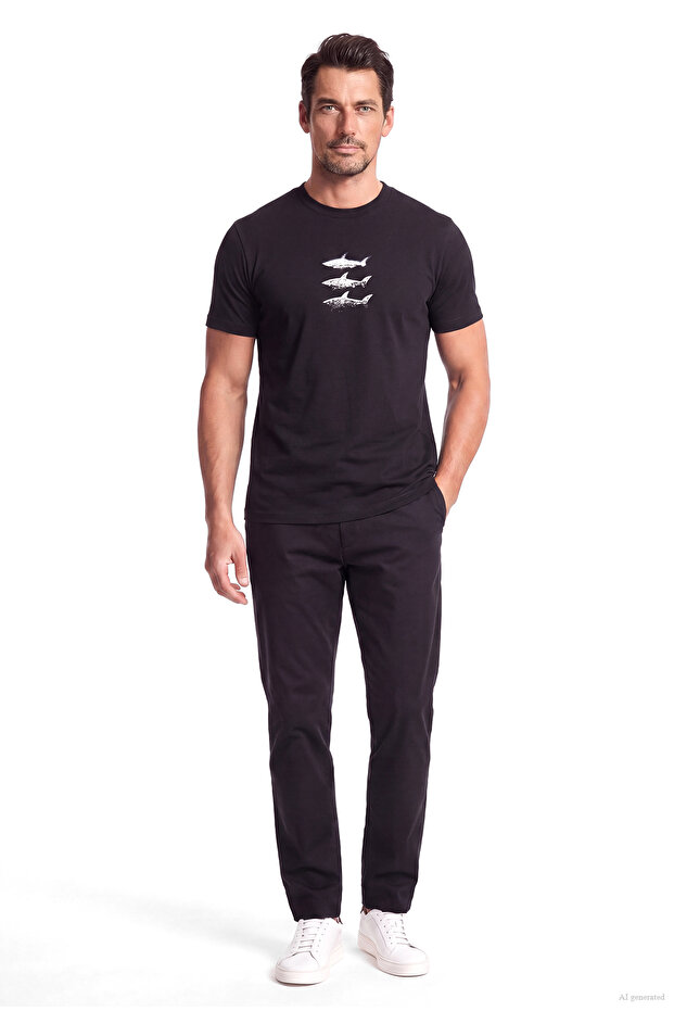 Men's Regular Fit Round Neck Logo Printed Cotton Short Sleeve Black T-Shirt