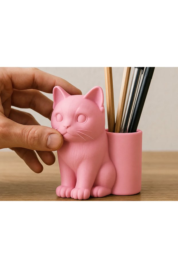 3D Printed Cat Figurine Pen Holder - Desktop Organizer - Pink