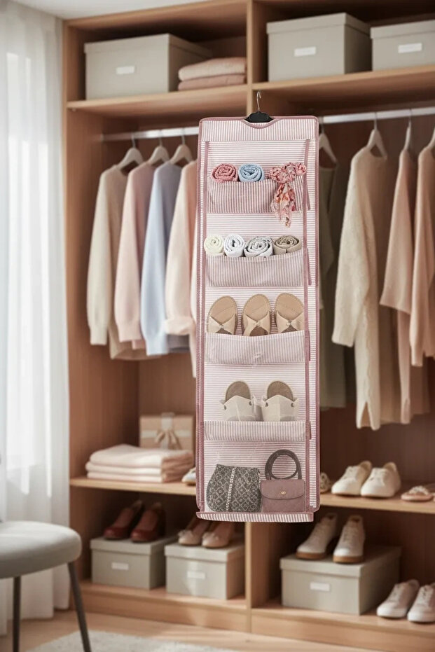 10-Compartment Bag Hanger, In-Cabinet Organizer, Transparent Compartments, Hangable Bag Holder, Protected