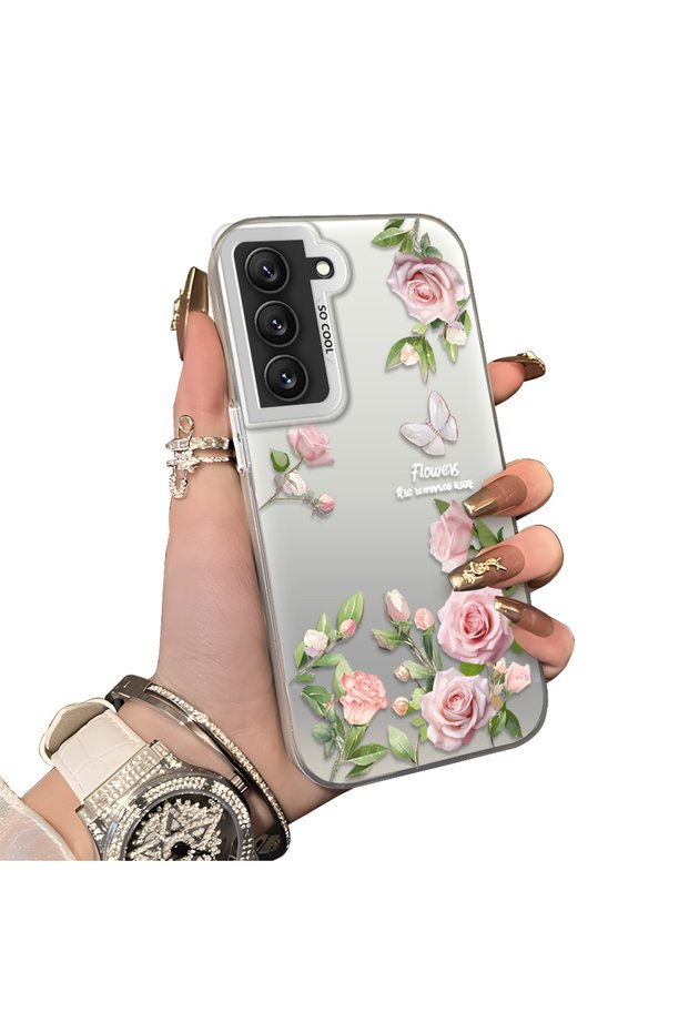 Samsung Galaxy S22 Compatible Elegant Pink Rose Butterfly Case, Slim Structure Fits the Phone Perfectly