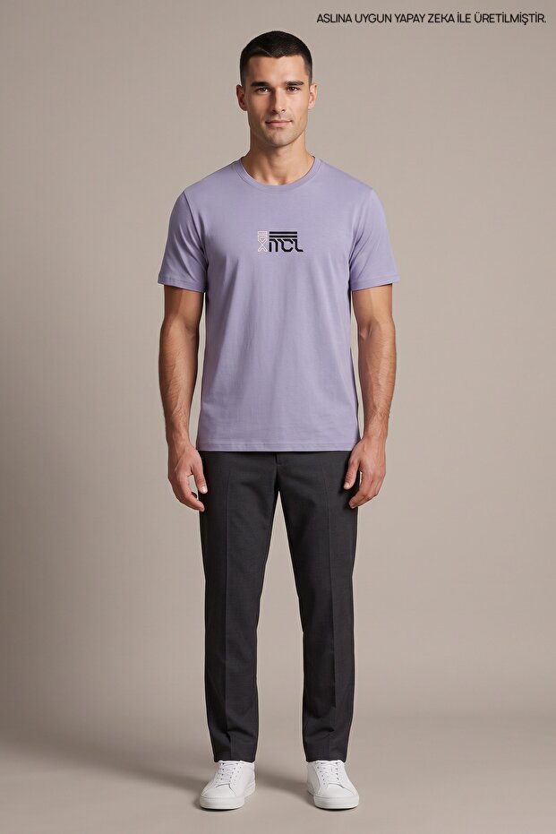 Lilac Men's Monogram Printed Crew Neck Loose Fit T-Shirt