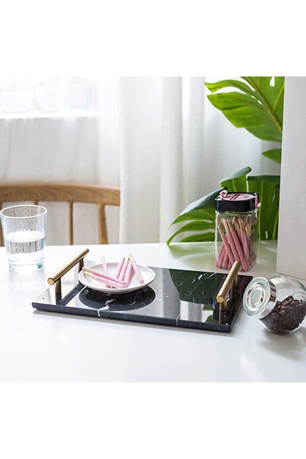 Marble Trinket Vanity Tray with Golden Handles, Vanity Organizer For Jewels Perfume Makeup Tray, Coffee Table Tray, Bathroom Tray Desktop Storage Home (BLACK)
