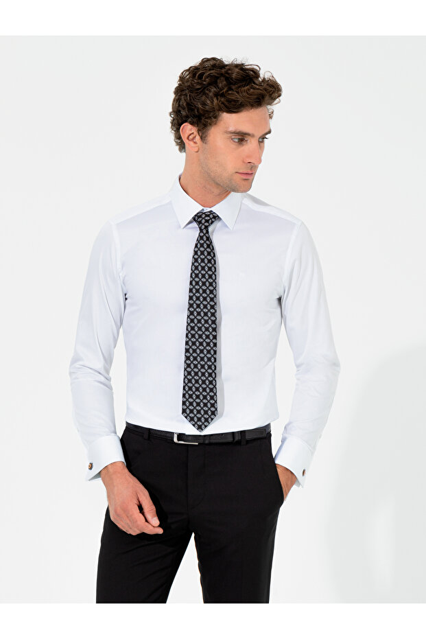White Slim Fit 100% Cotton Classic Collar Basic Shirt 50261220-Vr013