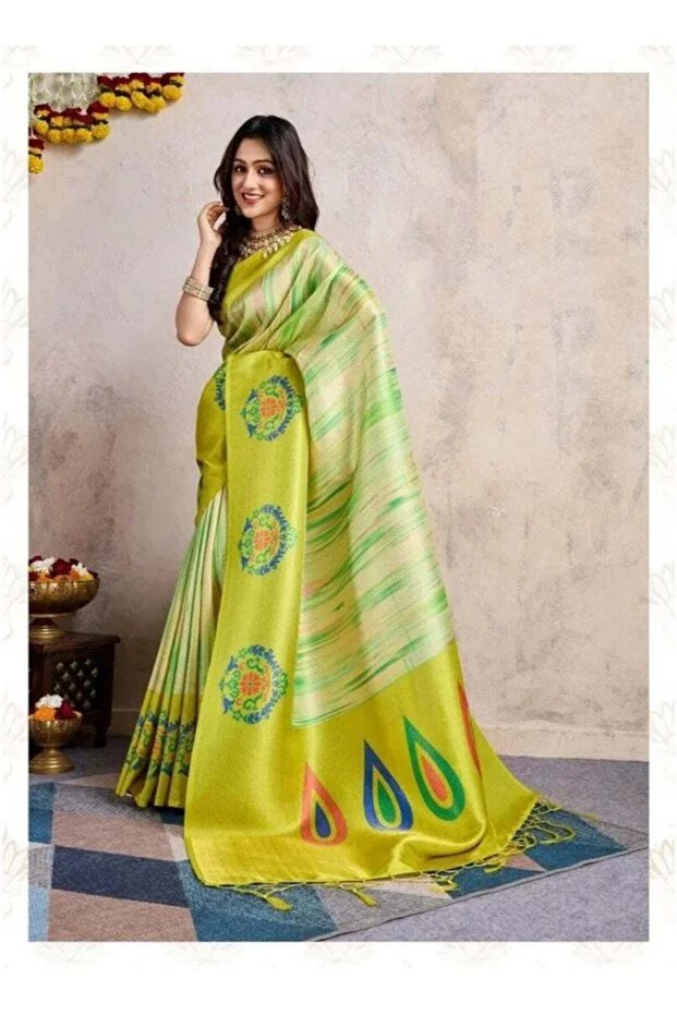 Designer Banarasi Silk Saree with Modern Abstract Print & Woven Mandala Pallu | Pre-Stitched Fall & Pico Included |