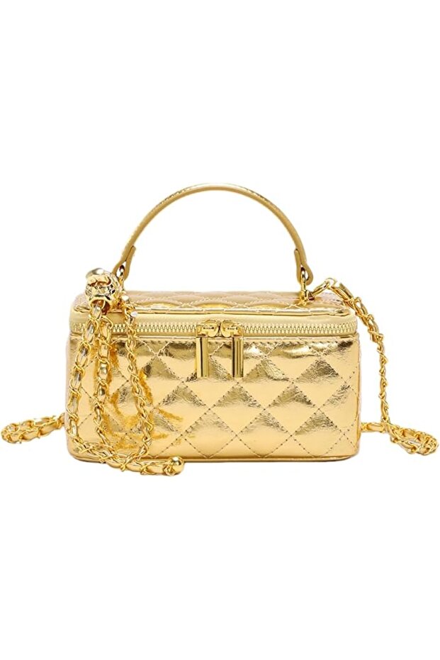 Gold Quilted Box Handbag with Chain Strap, Mini Top Handle Crossbody Shoulder Bag, 19x8.5x9.5cm, PU