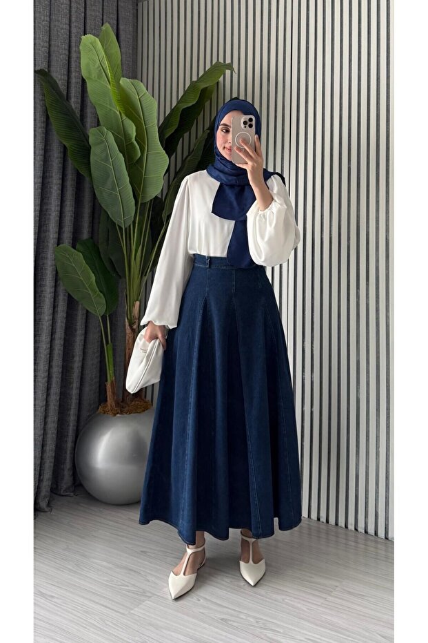 Women's Pleated Design Long Denim Skirt with Seats