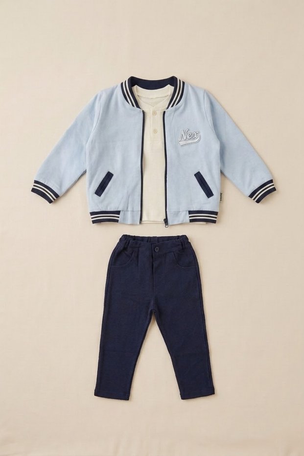 Baby Boy College Jacket, Henley Collar T-Shirt and Pants 3-Piece Set