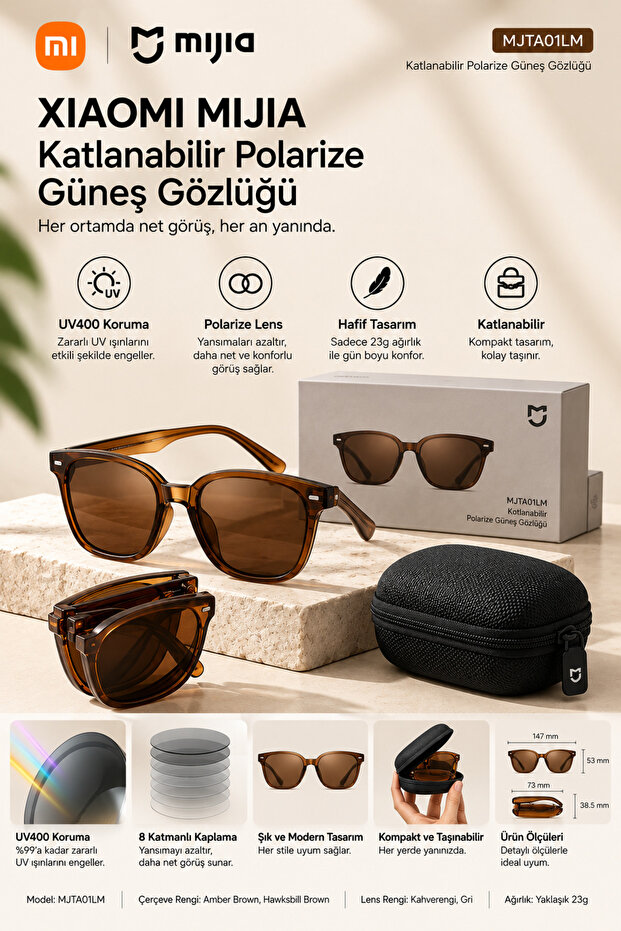 Mijia Foldable Polarized Sunglasses Uv400 8 Layer Oar Coating Tac Lens Tr90 Amber Brown Unisex Mjta01Lm