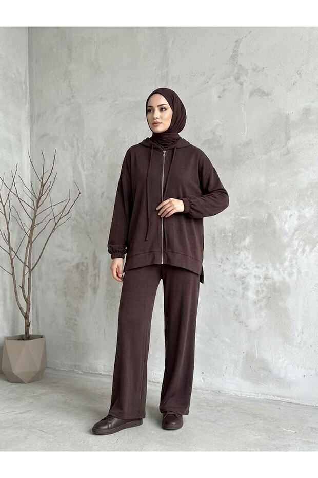 Sleeve Elastic Detail Hooded Suit-Brown