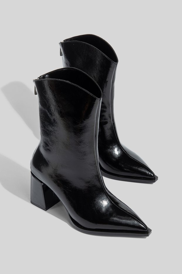 Black Patent Leather Thick Heel Women's Boots Pointed Toe Casual Boots