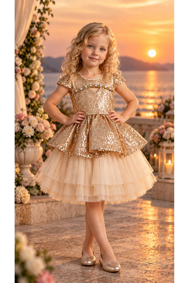 Sequined Robe, Stone Detailing, Layered Tulle Skirt, Satin Bow, Crown Accessory, Girls' Evening Dress for Ages 4-8, Birthday, Special Occasion