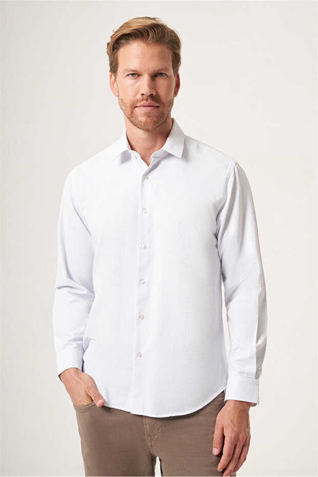 White-Blue Hard Collar Slim Fit Cotton Shirt 1004265123