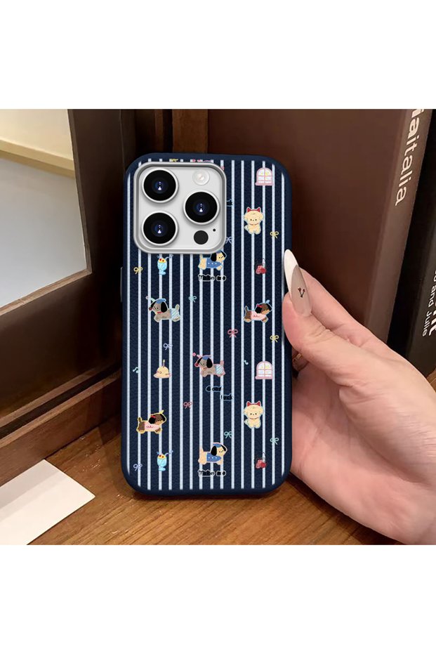 iPhone 16 Pro Max Compatible Blue Leather Textured Silicone Camera Protection Shock Absorbing Cartoon Dog Pattern Case