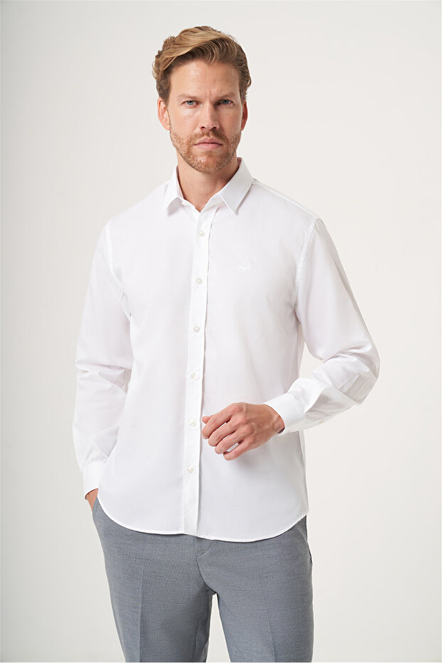 White Hard Collar Long Sleeve Pocketless Slim Fit 100% Cotton Shirt 1004260211