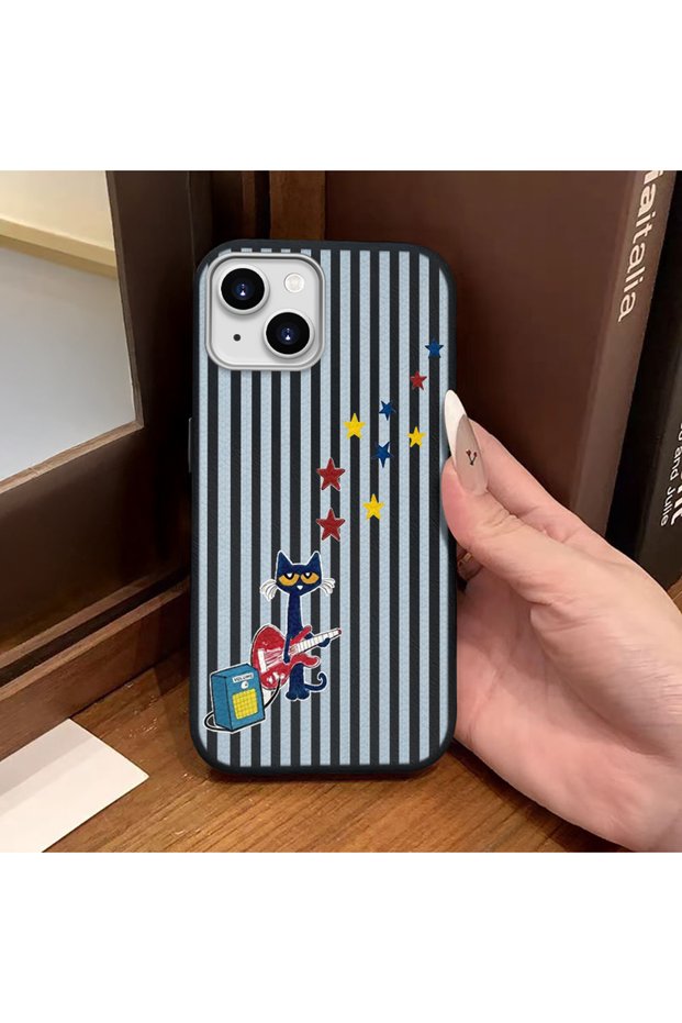 iPhone 14/13 Compatible Black Leather Textured Silicone Protects Camera Shock-Absorbing Cat and Star Pattern Case