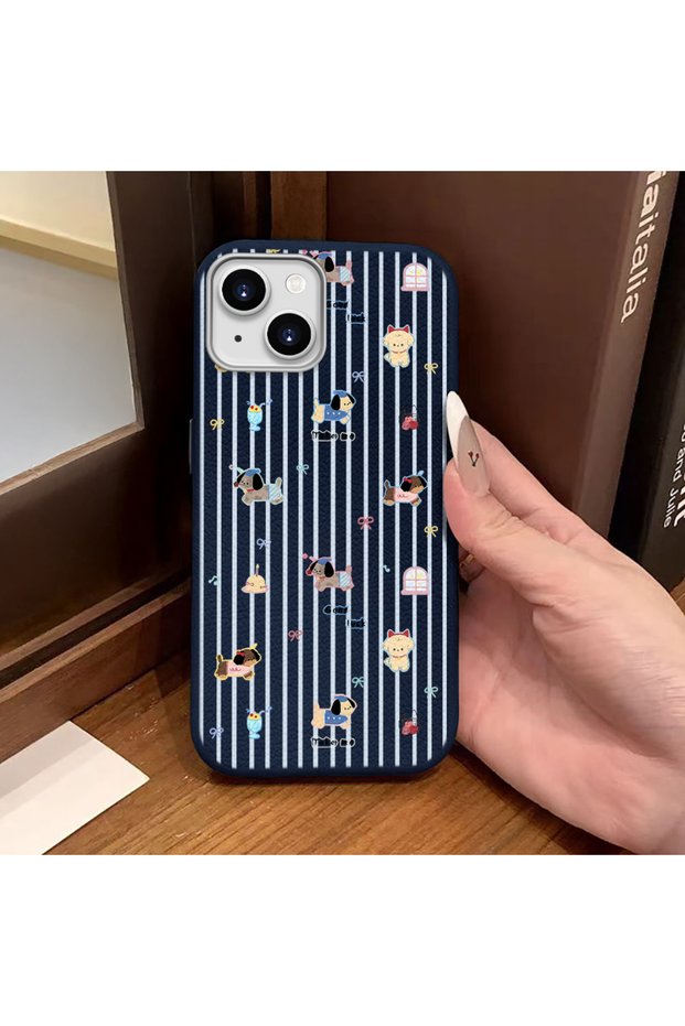 iPhone 14/13 Compatible Blue Leather Textured Silicone Protects Camera Shock-Absorbing Cartoon Dog Pattern Case