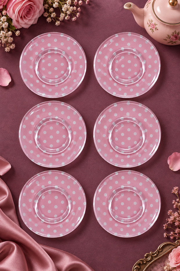 Set of 6 Glass Tea Plates – Pink Polka Dot 12 cm – 6 Tea Plates
