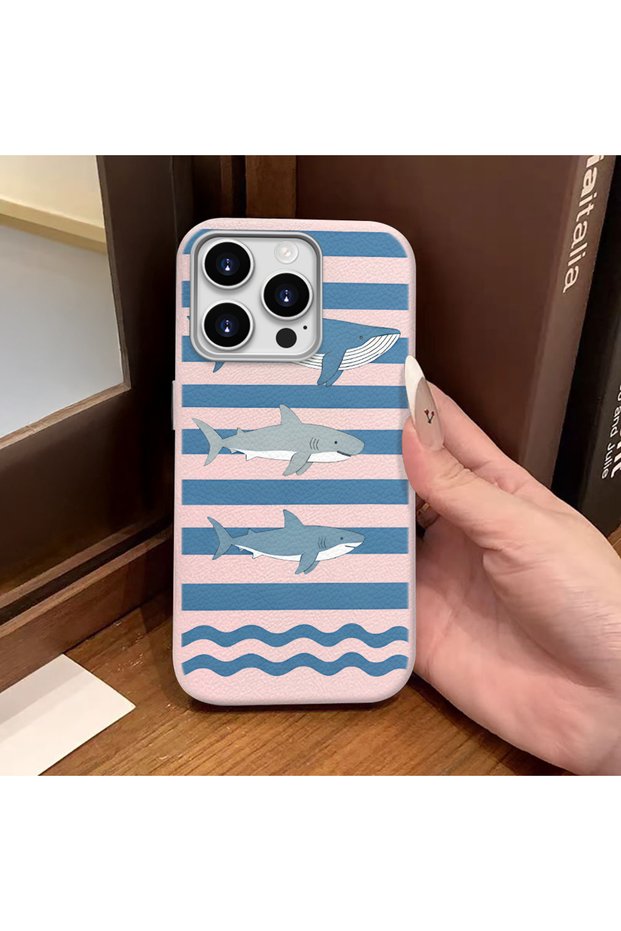 iPhone 15 Pro Max Compatible Pink Leather Textured Silicone Camera Protection Shock-Absorbing Sea Animal Pattern Case