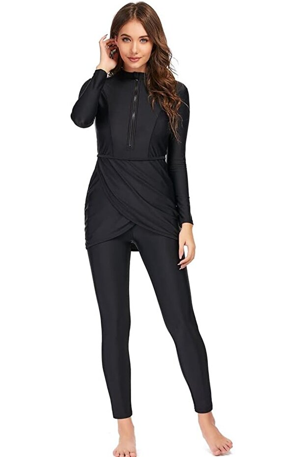 Women's Long Sleeve Bikini Full Coverage Moderate Swimsuit (Black/L)