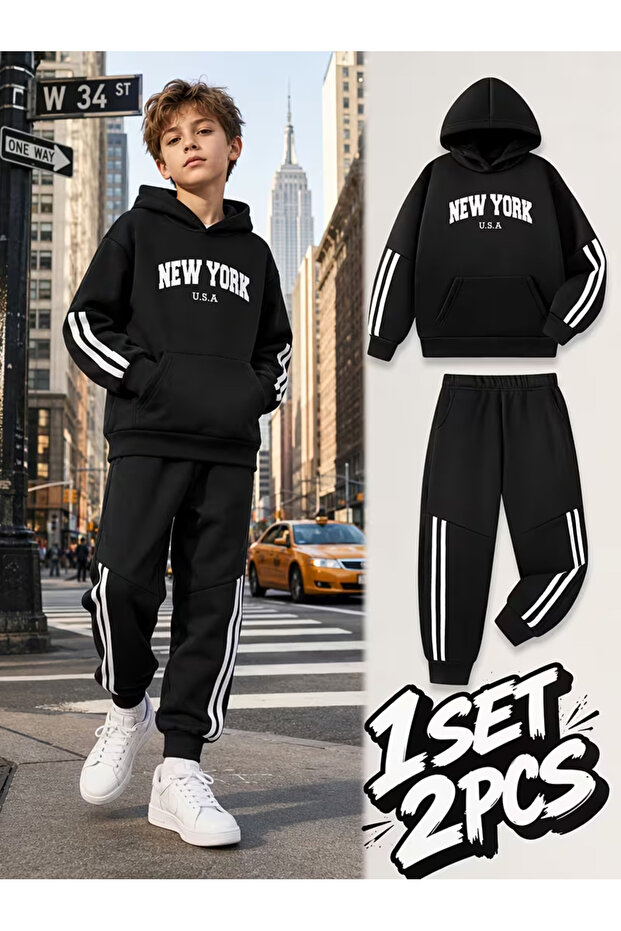 Children's New York Printed Hooded Sweatshirt and Sweatpants Top and Bottom Set