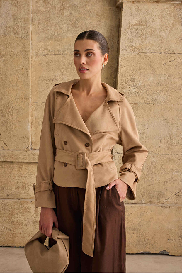 Women's Beige Suede Belted Pocketed Jacket