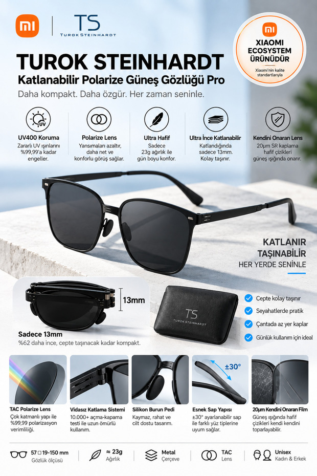 Ts Folding Polarized Sunglasses Pro 13mm Ultra Thin 23g Tac Uv400 Metal Black Unisex Sm101-0120
