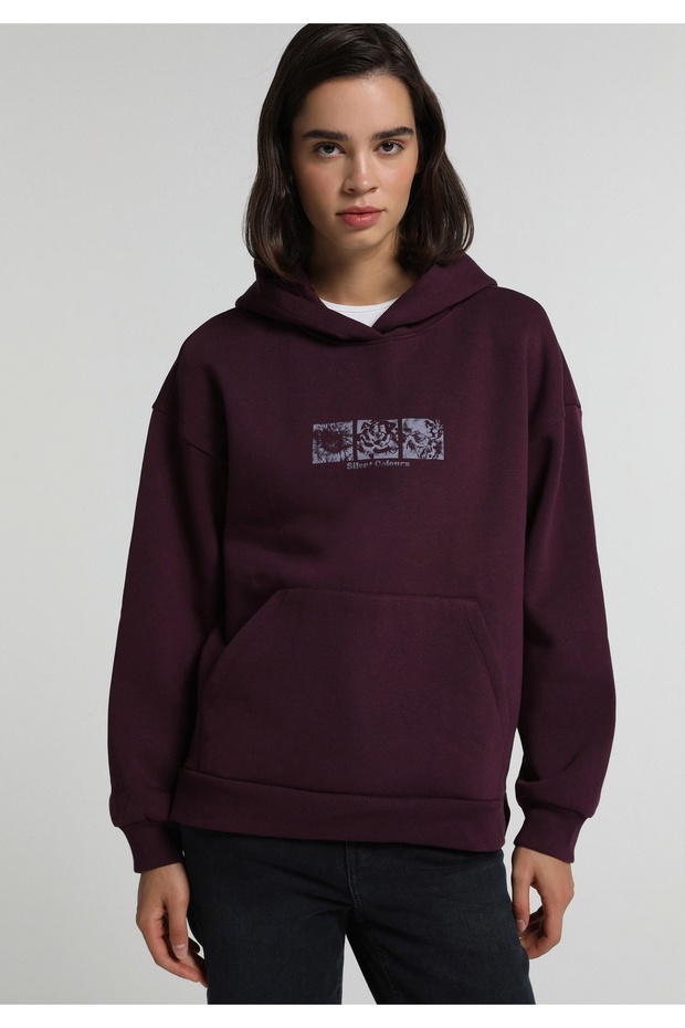 Relax Fit Hooded Printed Women's Purple Sweatshirt