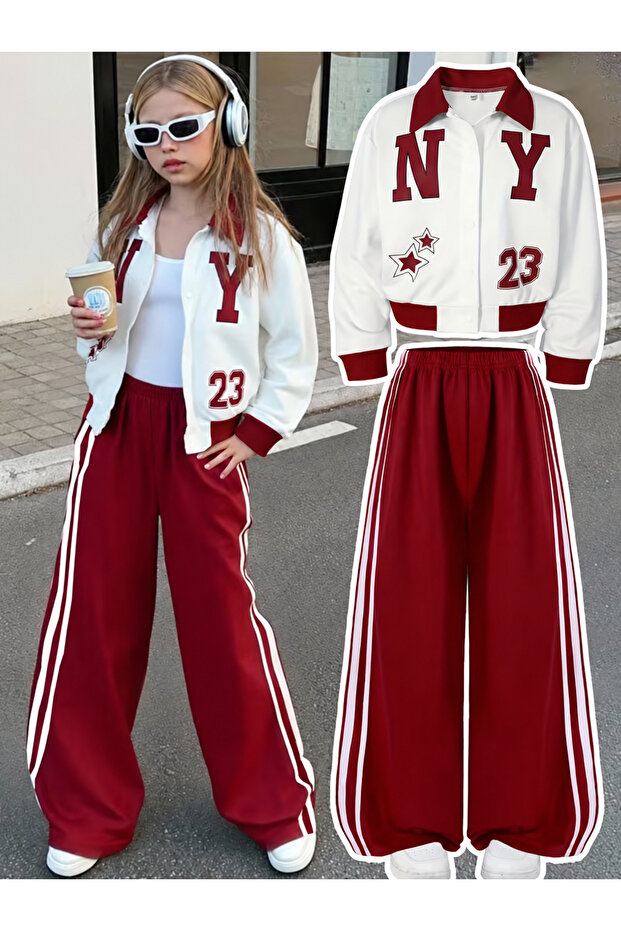 Girl's Ny 23 Printed Zippered Cardigan and Side Striped Sweatpants Top and Bottom Set