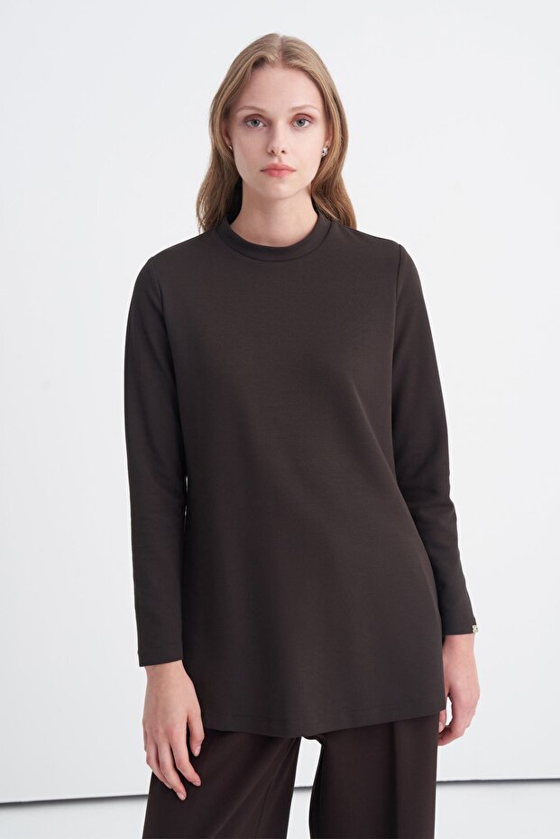 High Collar Ribbed Brown Tunic 0014