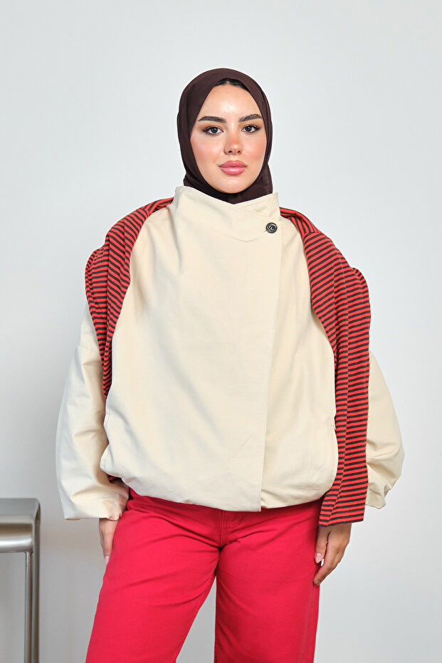 Women's Stand Collar Drawstring Detail Short Lined Trench Coat Cream