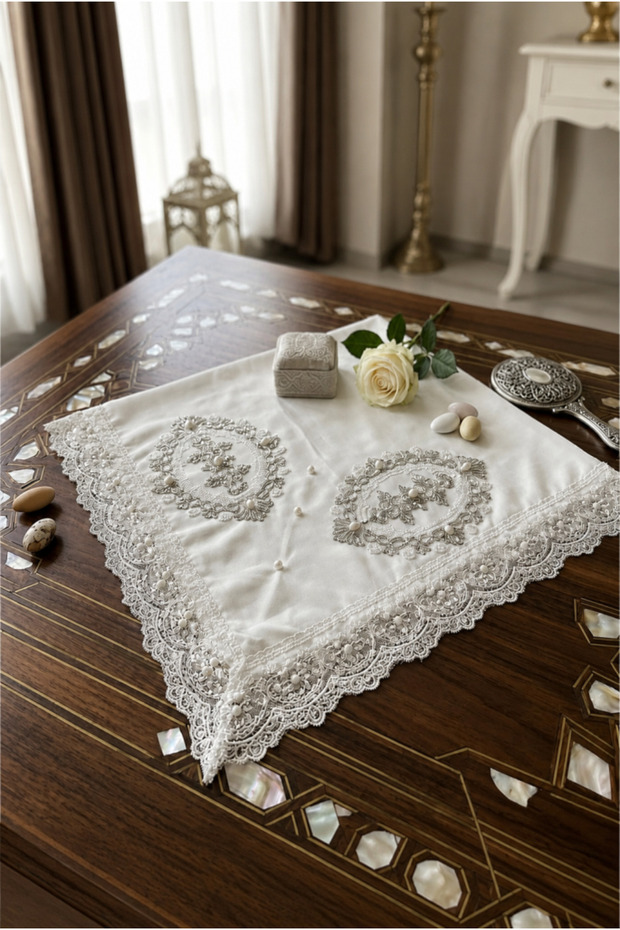 Asude Bohça Four Corner Laced 100X100 cm Cream
