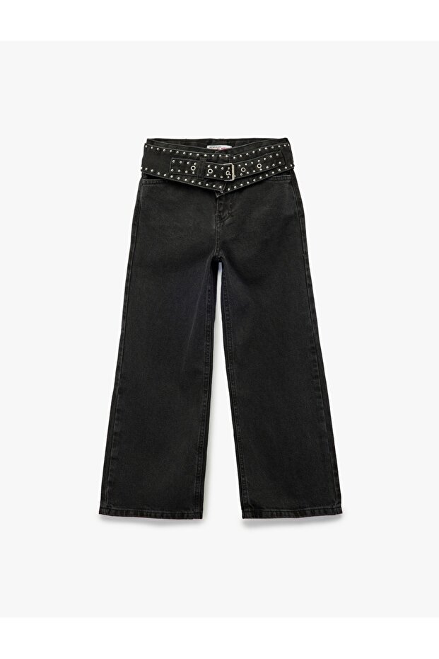 Wide Leg Denim Pants with Eyelet Detail and Cotton Belt