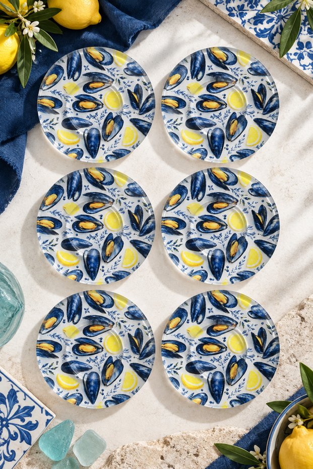 Set of 6 Glass Tea Plates – Lemon & Mussel Patterned 12 cm – 6 Tea Plates
