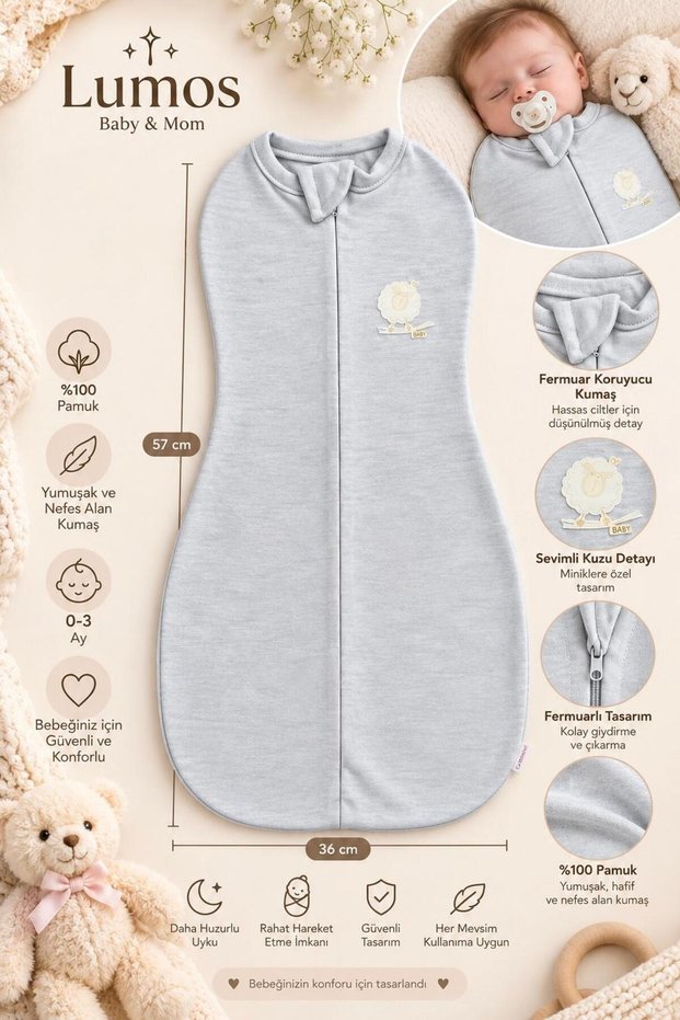 Zippered Newborn Swaddle 0-3 Months 100% Cotton Baby Sleeping Swaddle 57X36 cm - Kuzu
