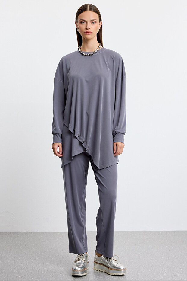 Asymmetric Tunic Trouser Suit Anthracite
